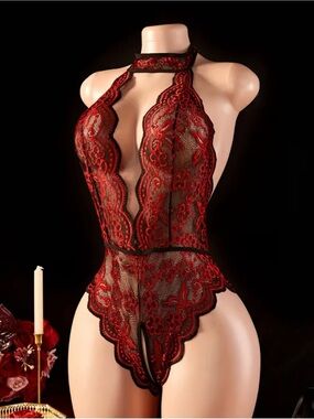 Red Lace Halter Teddy Bodysuit - Women Intimates & Sleepwear